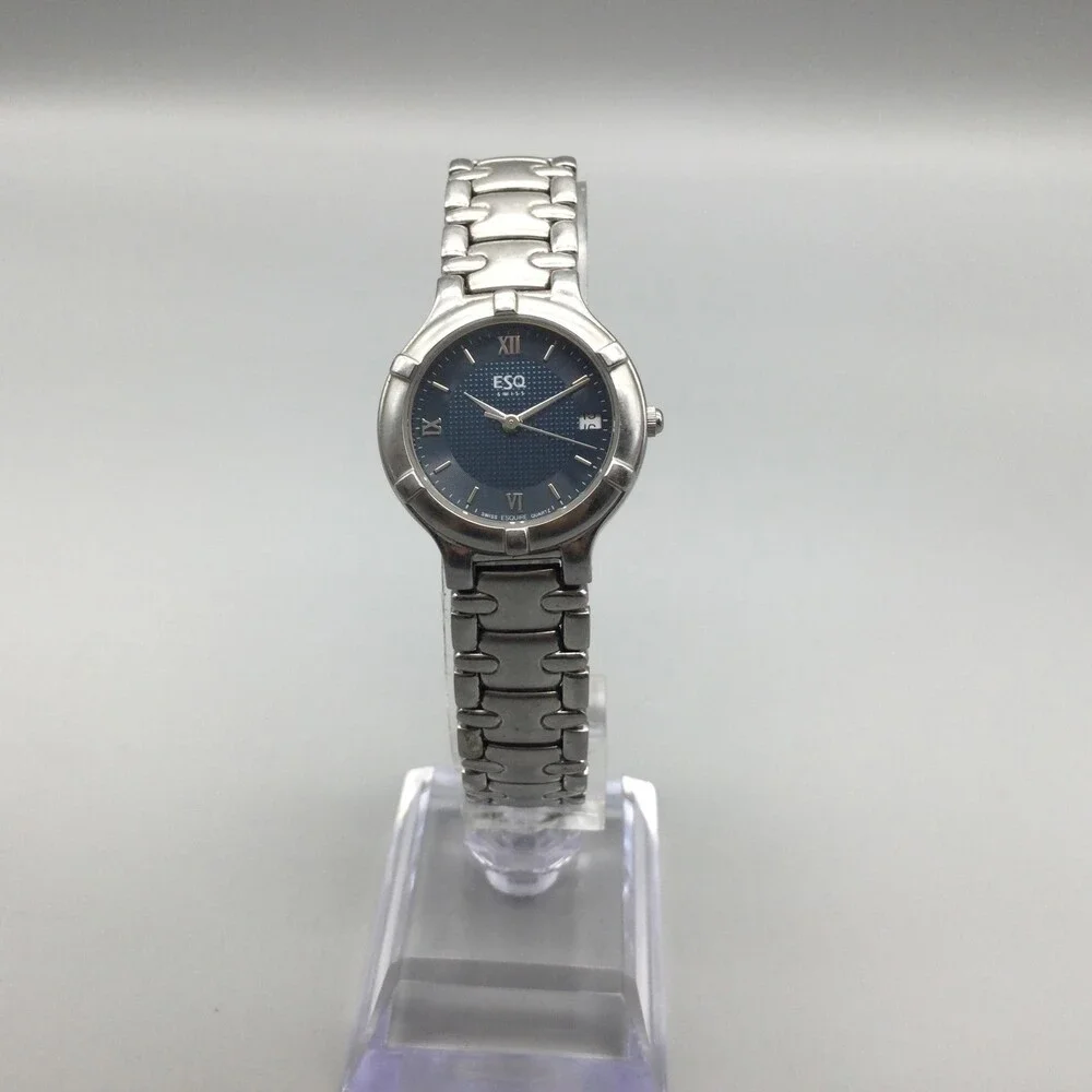 ESQ Movado Swiss Womens Watch 26mm Blue Dial Silver Tone Date New Battery 7.25
